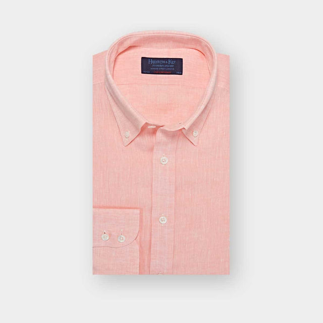 Contemporary Fit Plain Pink Linen Shirt with Button Down Collar & Two Button Cuff