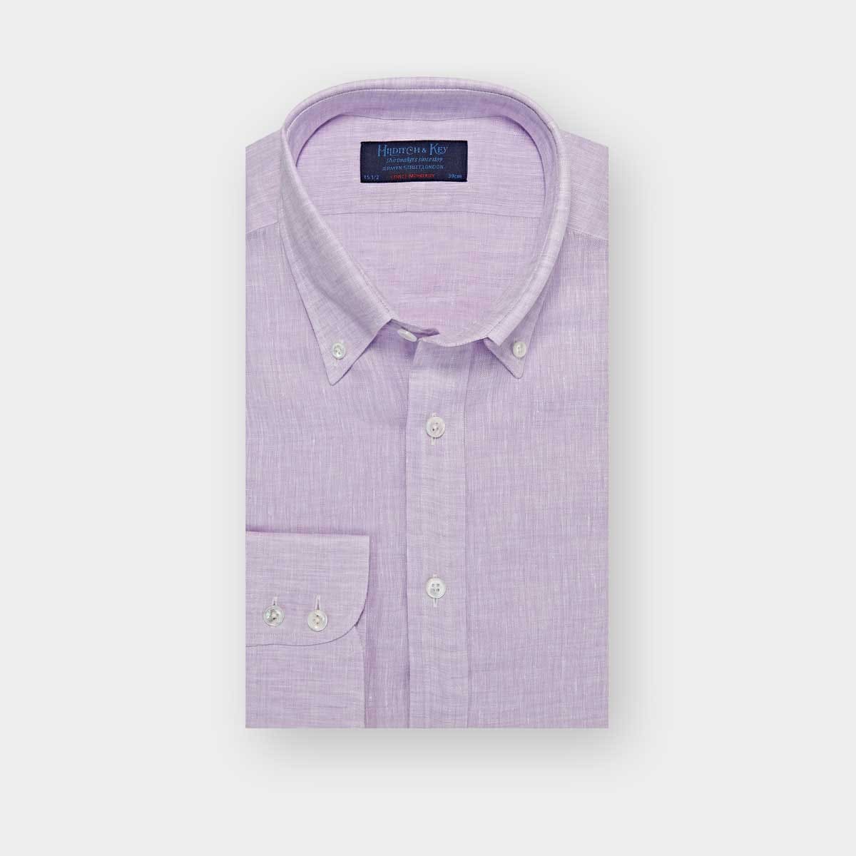 Contemporary Fit Plain Lilac Linen Shirt With Button Down Collar Two Button Cuff