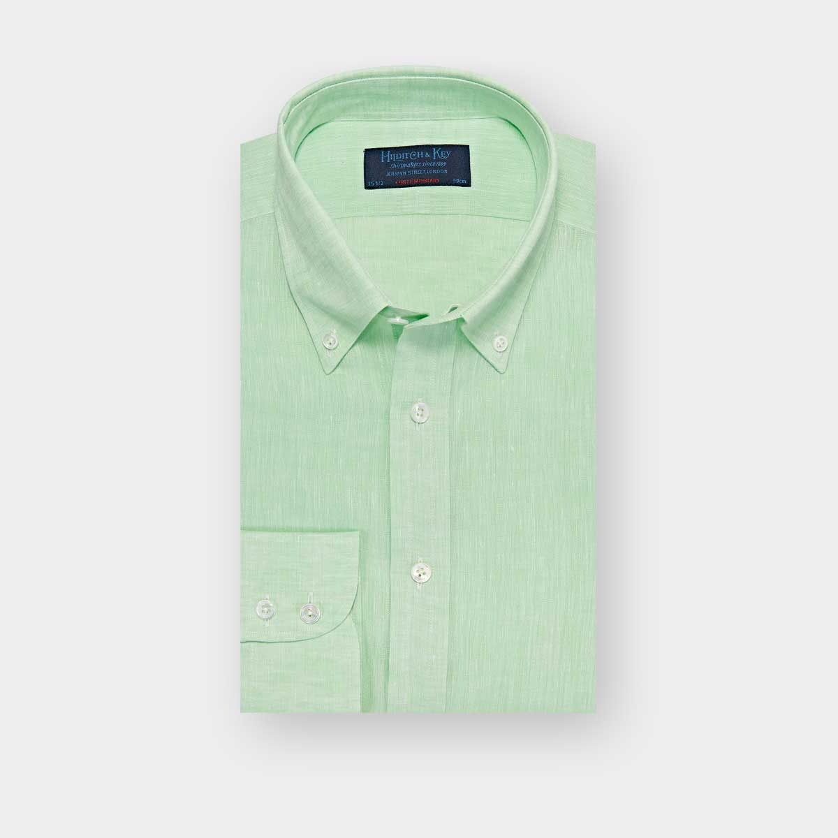 Contemporary Fit Plain Green Linen Shirt With Button Down Collar Two Button Cuff