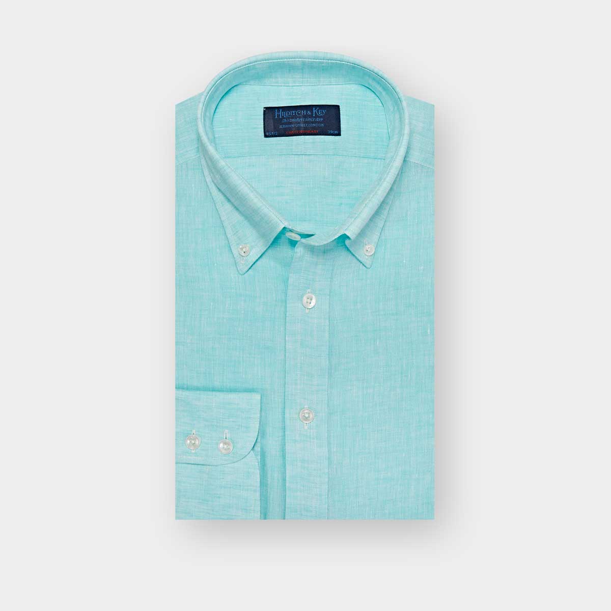 Contemporary Fit Plain Aqua Linen Shirt With Button Down Collar Two Button Cuff