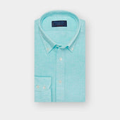 Contemporary Fit Plain Aqua Linen Shirt with Button Down Collar & Two Button Cuff