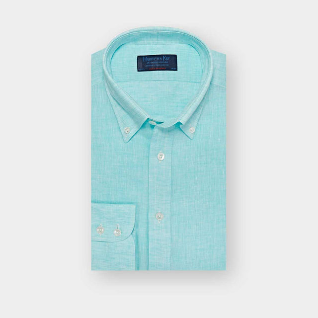 Contemporary Fit Plain Aqua Linen Shirt with Button Down Collar & Two Button Cuff