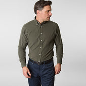 Contemporary Fit Green Fine Corduroy Shirt With Button Down Collar Two Button Cuff