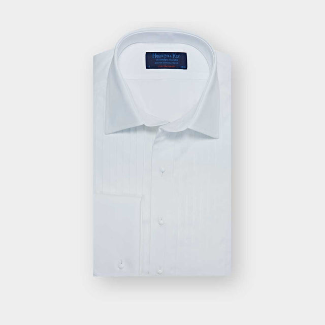 Contemporary Fit Wide Pleat White Cotton Poplin Dress Shirt with Classic Collar & Double Cuff