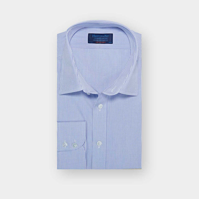 Contemporary Fit Blue & White Check Cotton Shirt with Classic Collar & Two Button Cuff