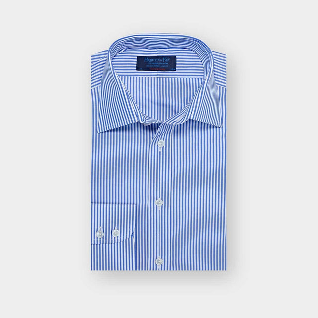 Contemporary Fit Blue Bengal Stripe Cotton Shirt with Classic Collar & Two Button Cuff