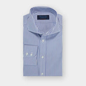 Contemporary Fit Blue Bengal Stripe Cotton Poplin Shirt with Cut-away Collar & Two Button Cuff