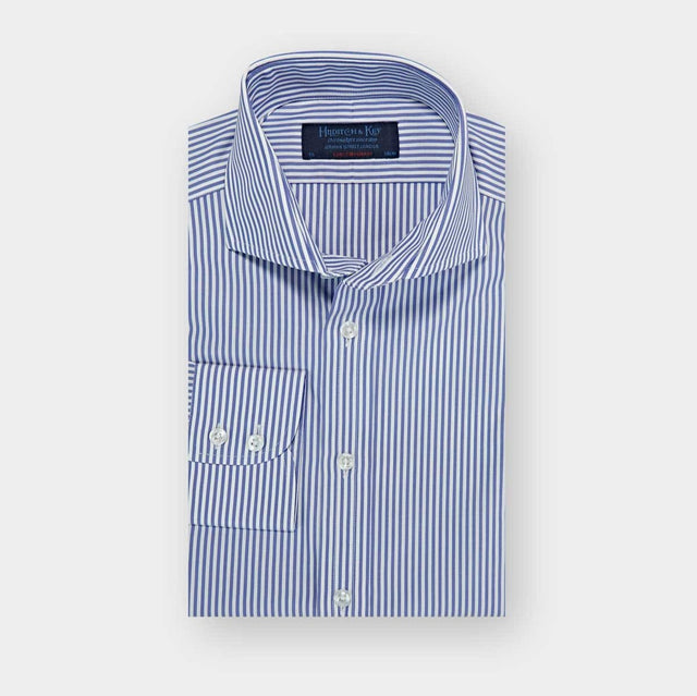 Contemporary Fit Blue Bengal Stripe Cotton Poplin Shirt with Cut-away Collar & Two Button Cuff