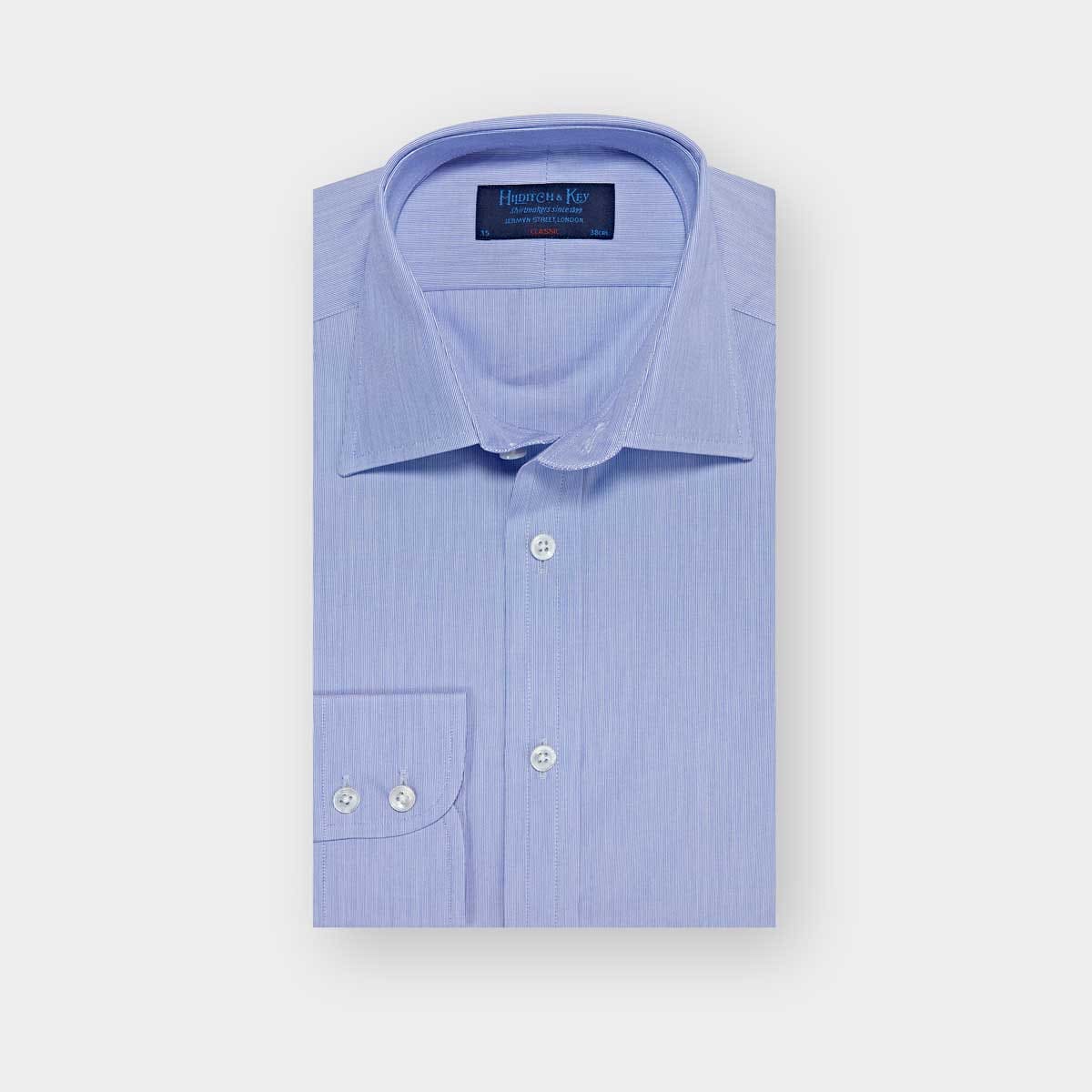 Classic Fit Hairline Stripe Cotton Poplin Shirt With Classic Collar Two Button Cuff