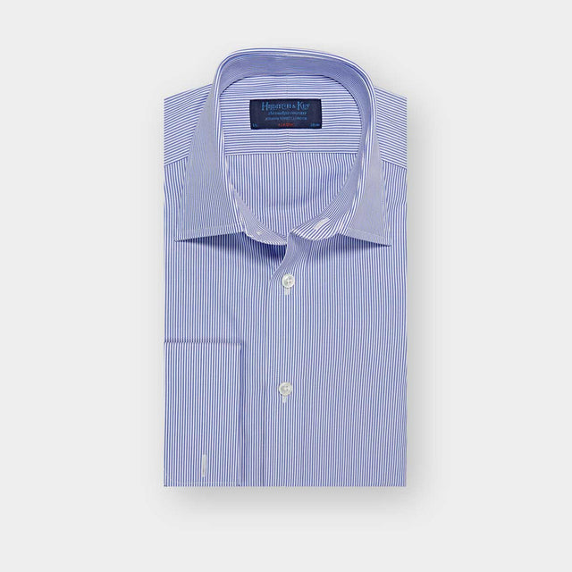 Classic Fit Blue Fine Bengal Stripe Cotton Poplin Shirt with Classic Collar & Double Cuff