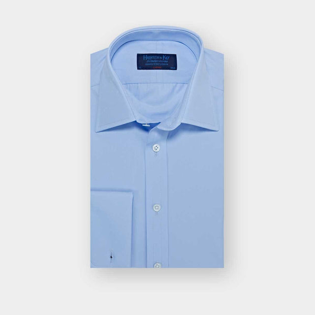 Classic Fit Plain Sky Blue Cotton Poplin Shirt with Classic Collar & Double Cuff