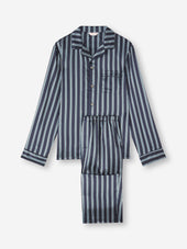 Men's Silk Pajamas Navy Blue & Blue Stripe