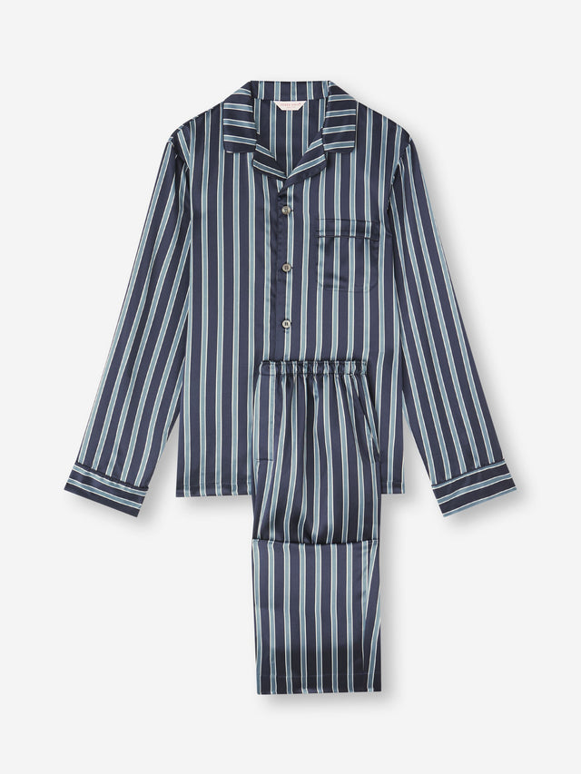 Men's Silk Pajamas Navy Blue & Blue Stripe