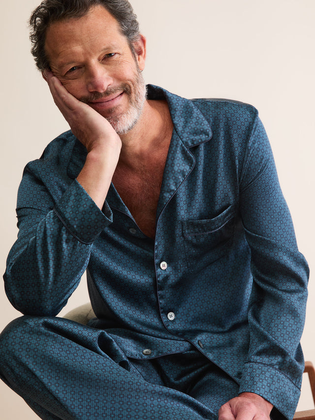Men's Silk Pajamas London Geo Cross Blue & Teal