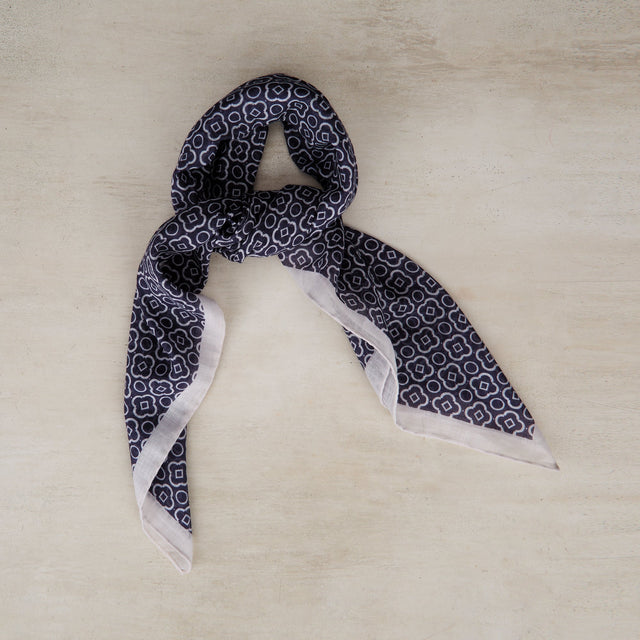 Cotton Mosaic Print Neckerchief In Navy and White
