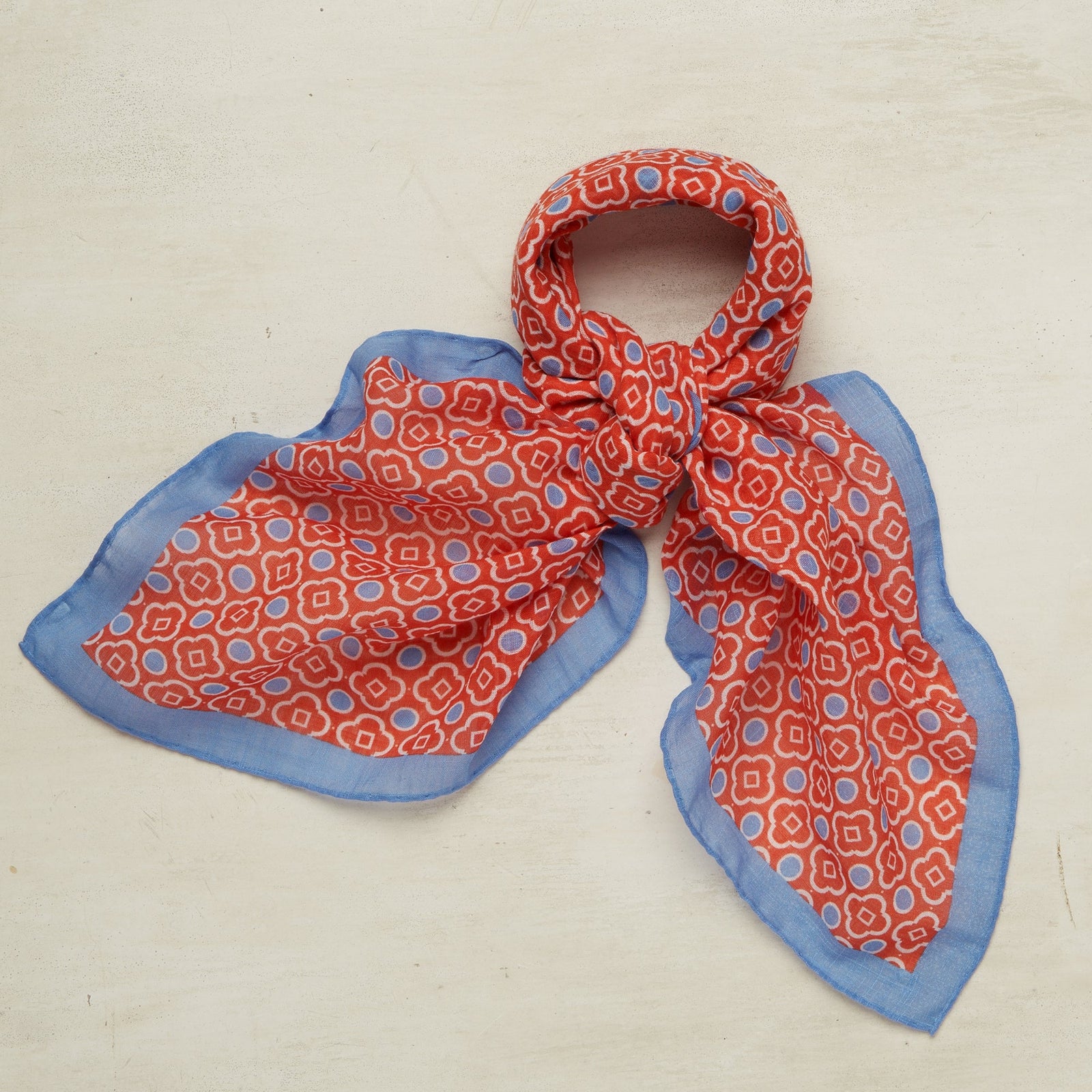 Cotton Mosaic Print Neckerchief In Red And Sky
