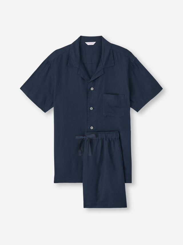 Men's Short Pajamas Sicily Linen Navy