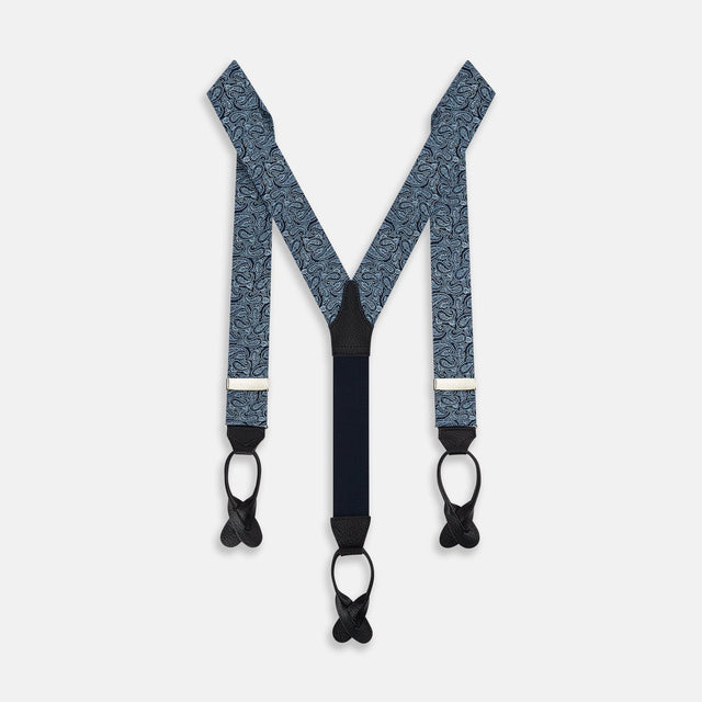 Dark Navy Paisley Adjustable Silk and Navy Leather Braces