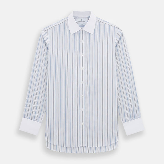 Navy and Blue Multi Stripe Shirt with Contrast Collar and Double Cuffs