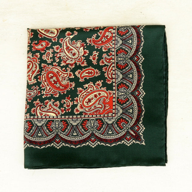Silk Paisley Pocket Square In Dark Green