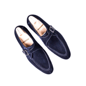 Single Buckle Monk With Hand Stitched Apron Dark Blue Suede
