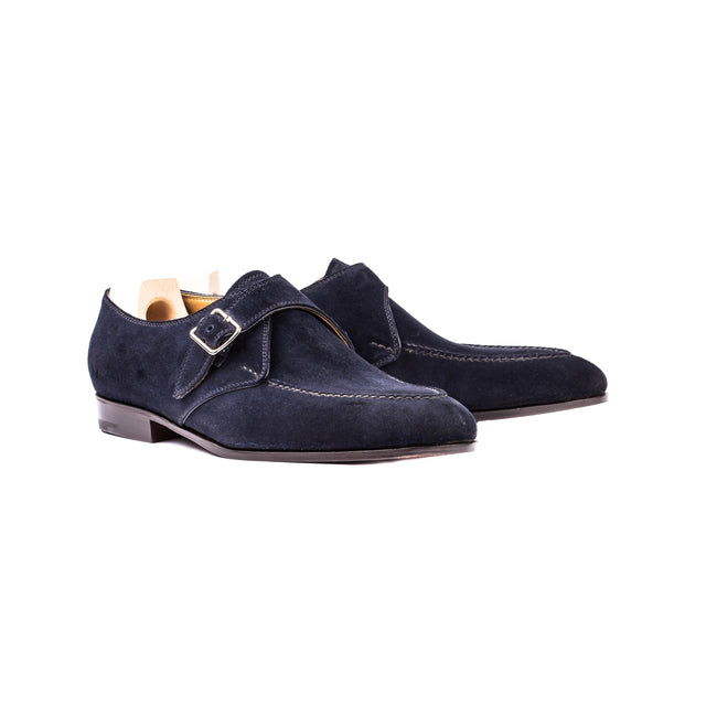 Single buckle Monk with hand stitched apron, dark blue suede