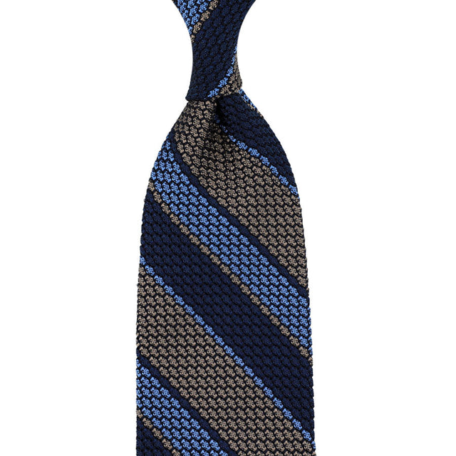 Striped Grenadine / Garza Grossa Silk Tie - Navy / Beige / Sky Blue