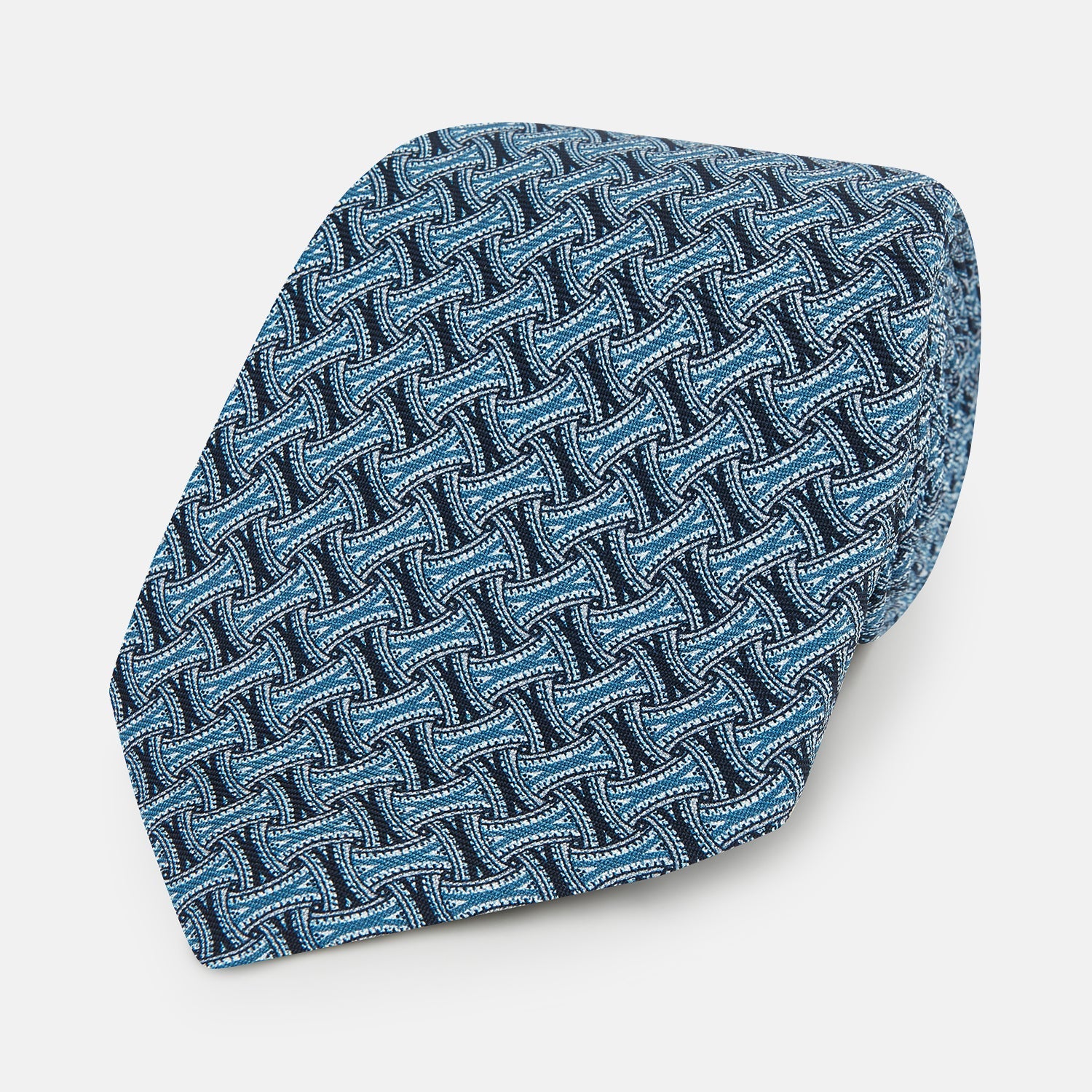Pale Blue and Navy Weave-Patterned Printed Silk Tie