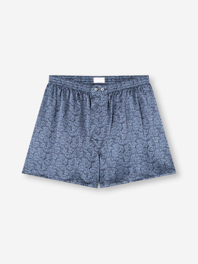 Men's Classic Fit Boxers Silk Navy Blue Rose Print
