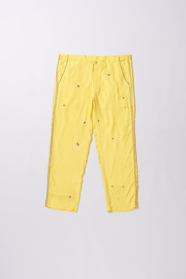 LEMON YELLOW EMBROIDERED SILK PANT