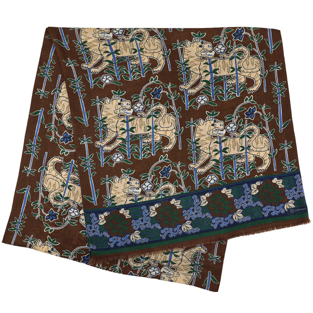 Tiger Printed Wool / Silk Scarf - Brown