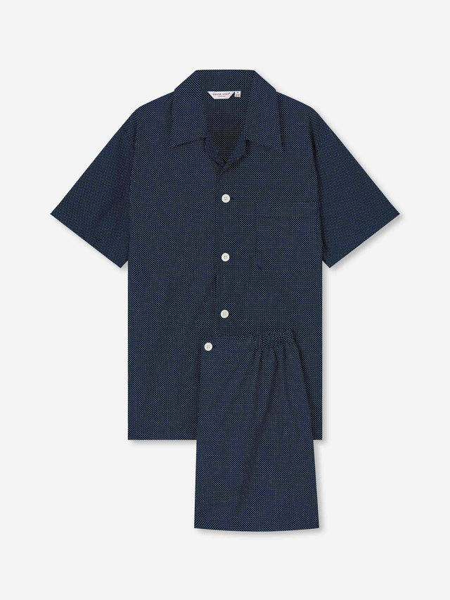 Men's Short Pajamas Cotton Batiste Navy Pin Dot Print
