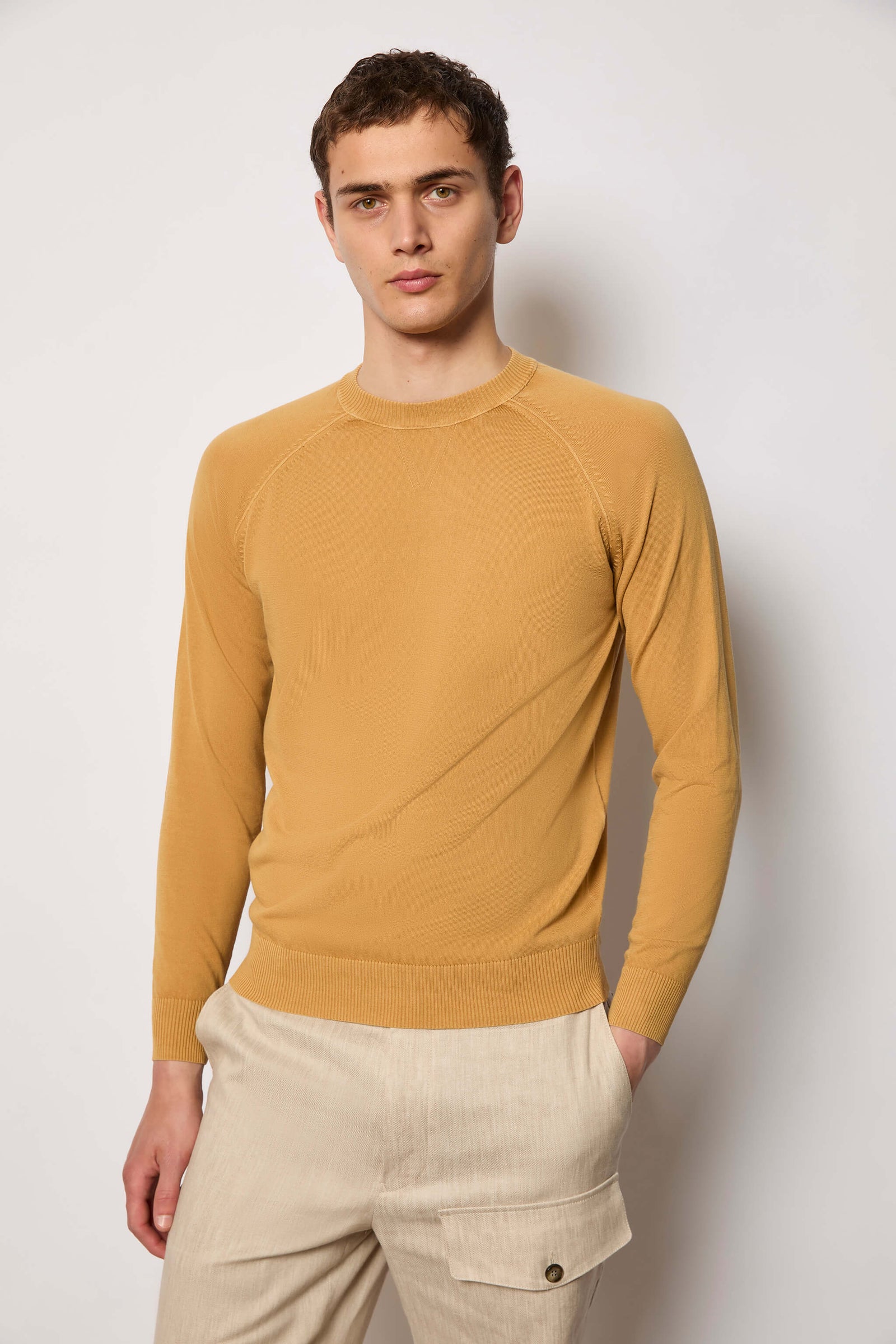 Sweater Manica Lunga In Cotone Giallo Ocra
