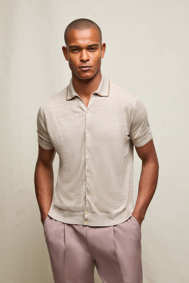Polo in lino e cotone beige con bottoni