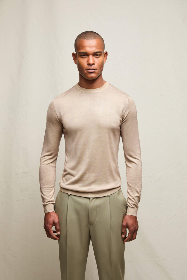 Maglia girocollo in seta e cashmere beige