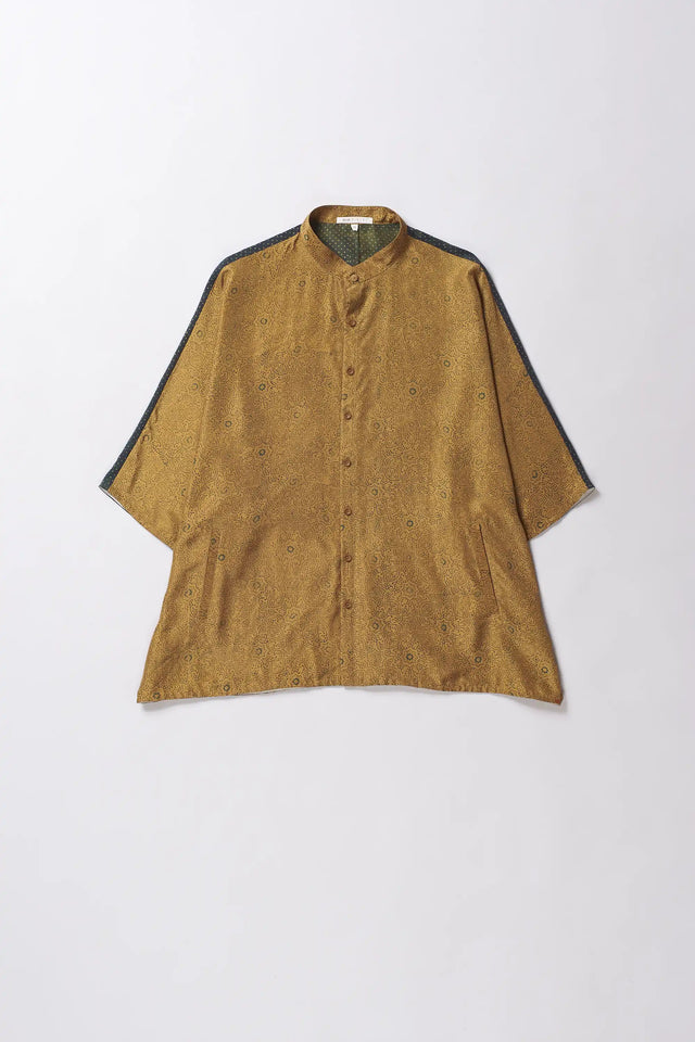 Mustard Yellow Block Printed Silk Shirt