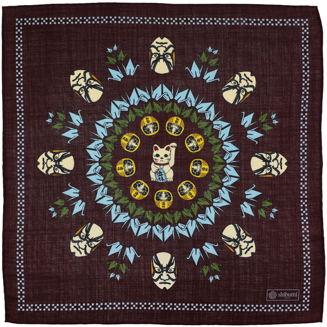 Fortune Motif Wool / Silk Pocket Square - Burgundy - 40x40cm