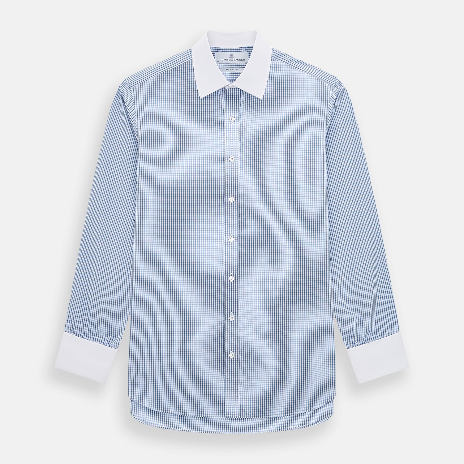 Sky Blue Micro Shadow Check Shirt with Contrast Collar and Double Cuffs