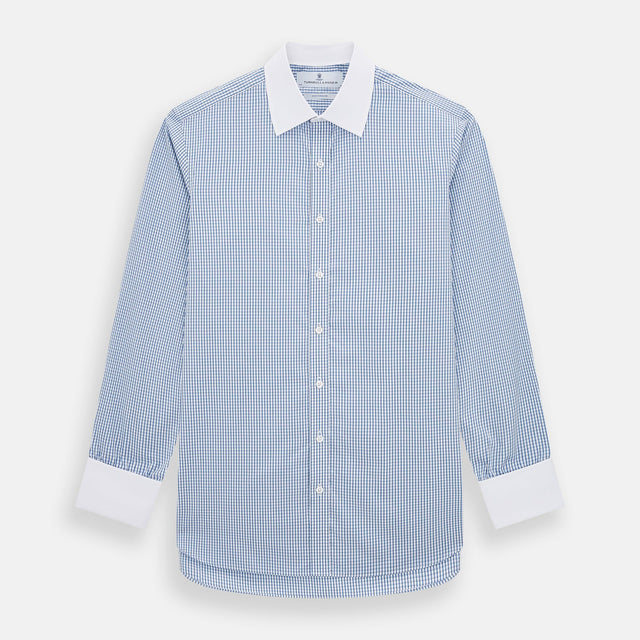 Sky Blue Micro Shadow Check Shirt with Contrast Collar and Double Cuffs