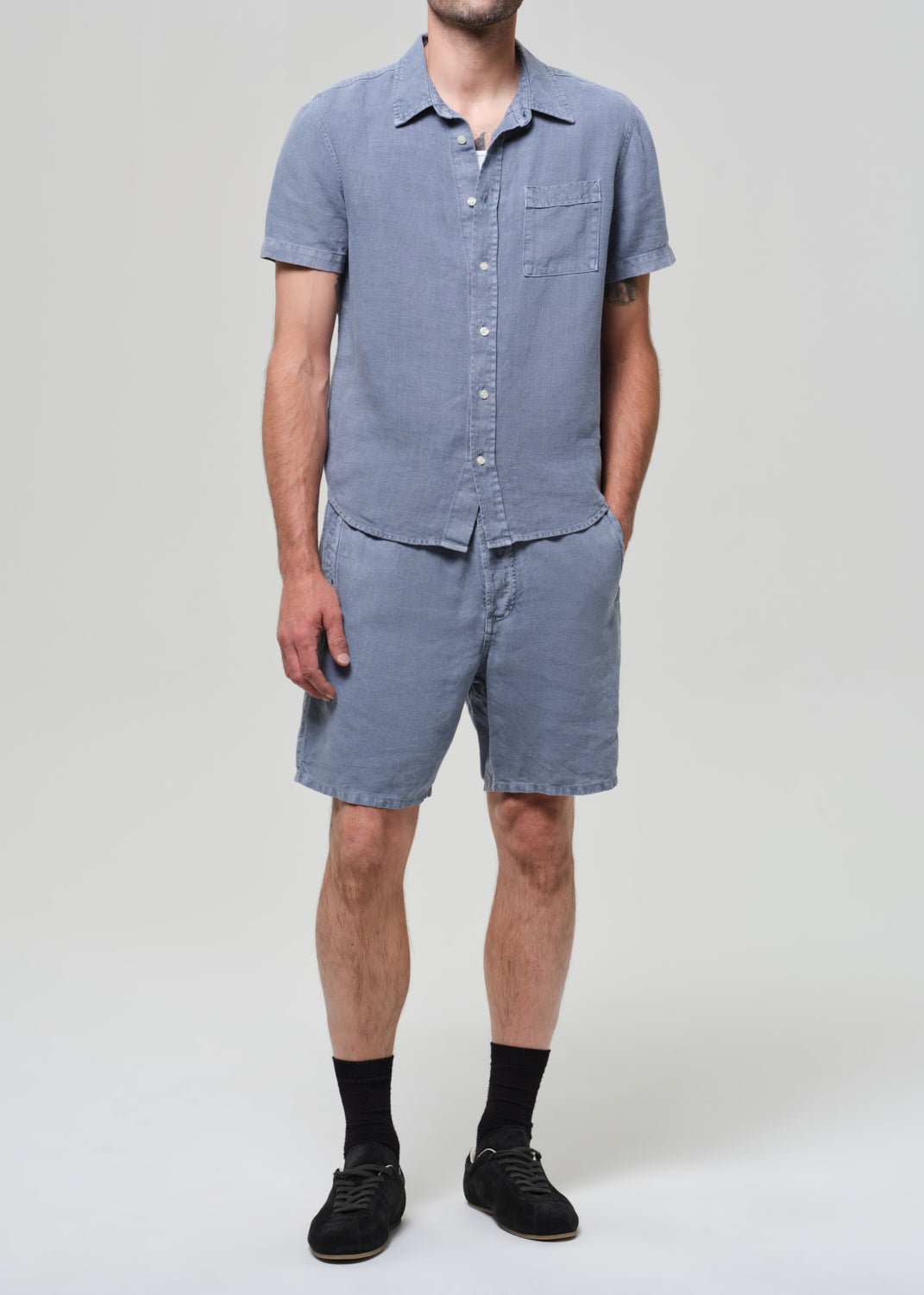 Drawstring Deck Linen Short in Stone Blue