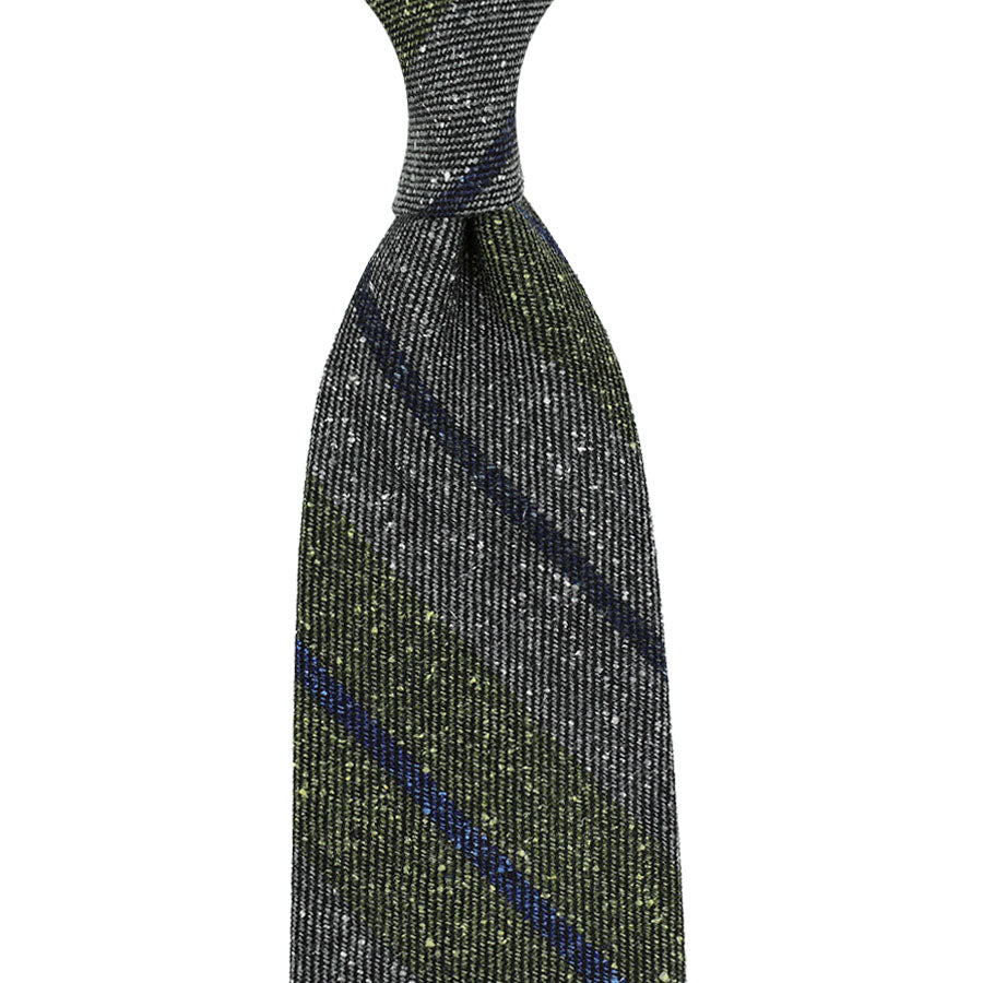 Striped Wool Silk Tie Grey Olive Hand Rolled