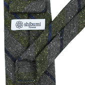Striped Wool Silk Tie Grey Olive Hand Rolled