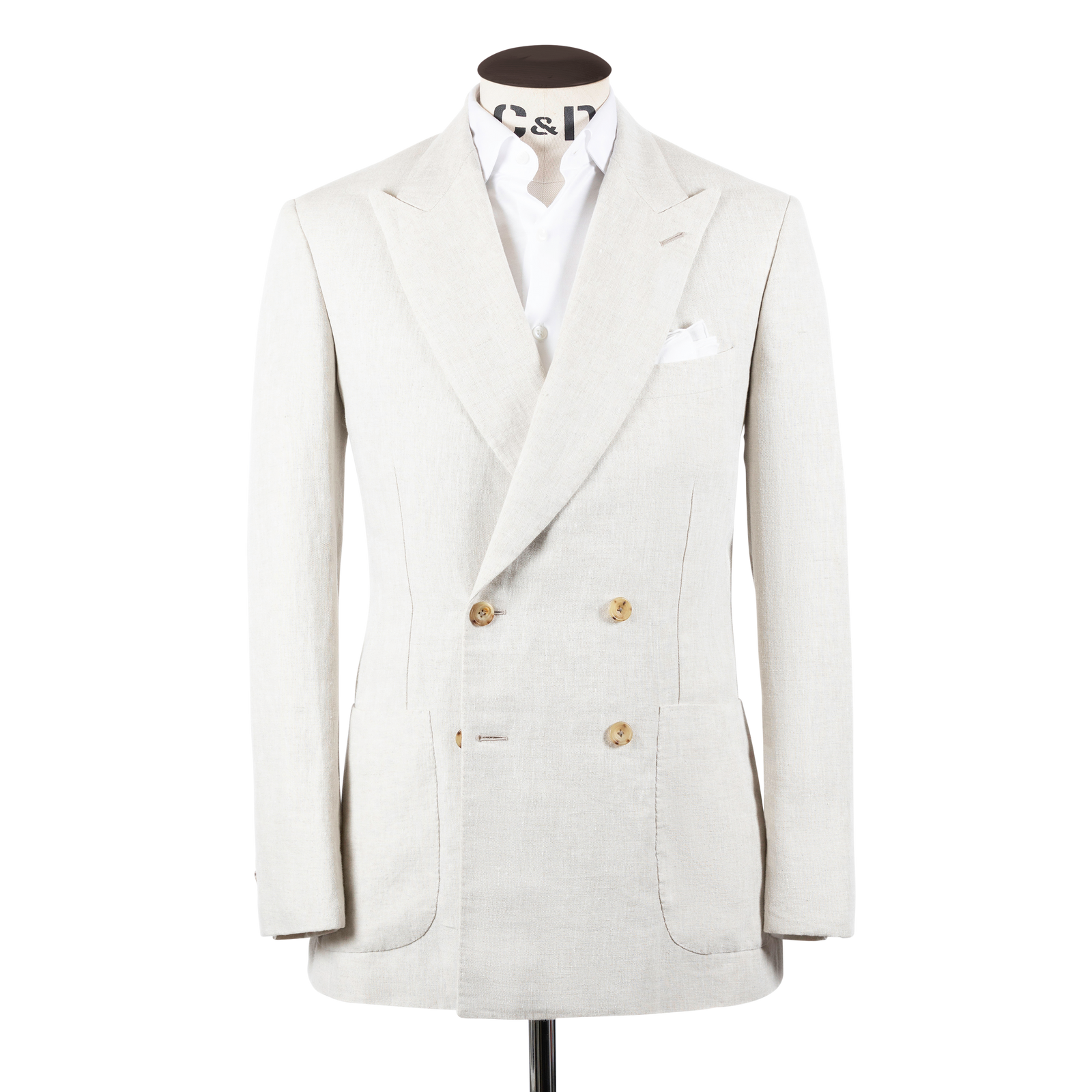 Double Breasted Peak Lapel Jacket In Natural Linen