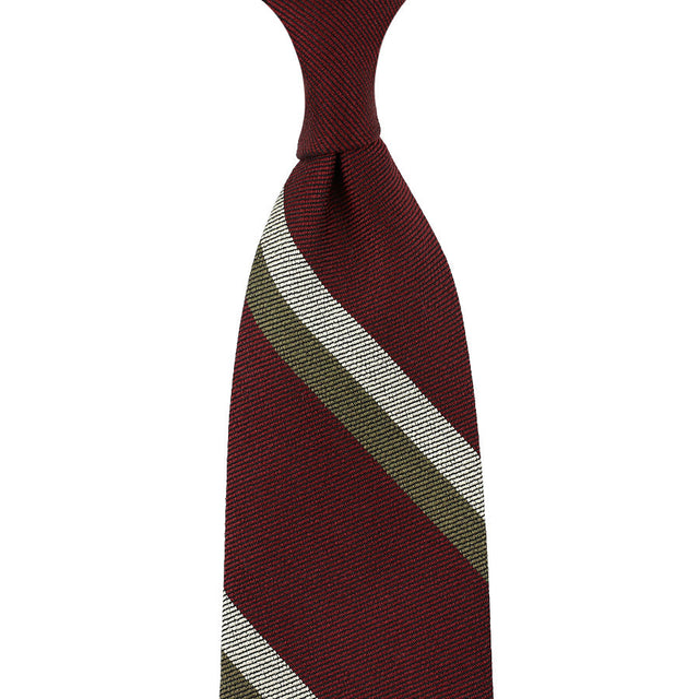 Repp Stripe Silk / Cotton Tie - Burgundy / Olive / Ivory