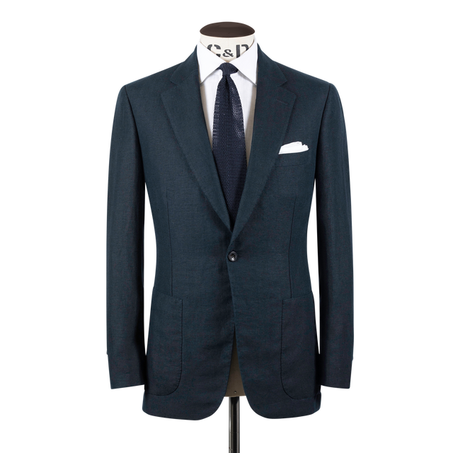 Single Breasted Notch Lapel Jacket in Navy Linen