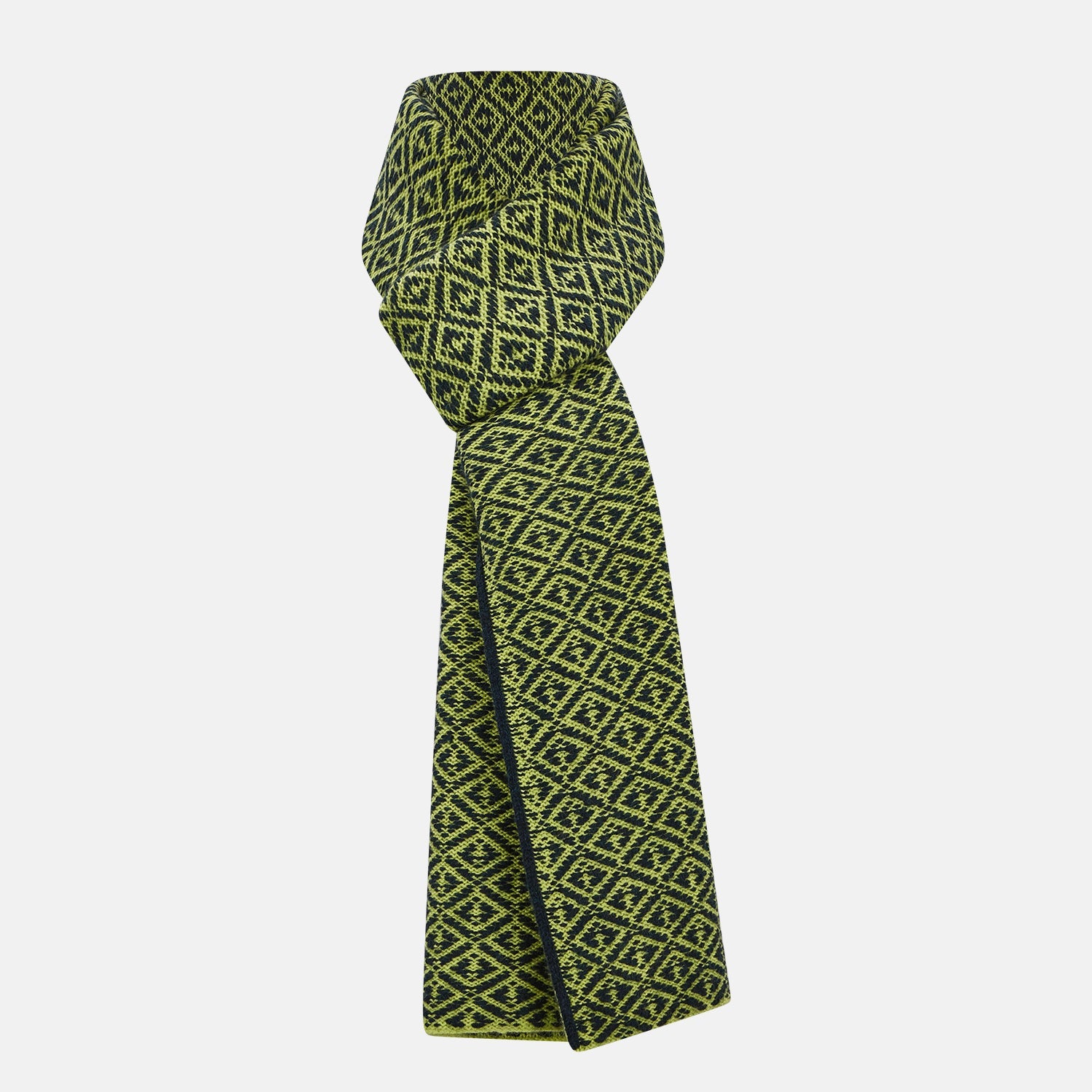 Petrol Green And Chartreuse Diamond Patterned Cashmere Knitted Scarf