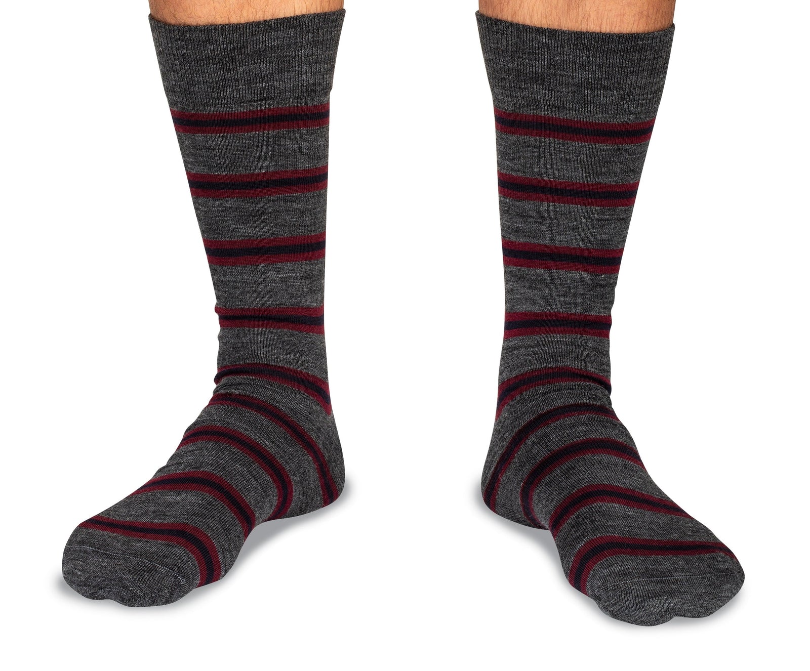 Mid Calf Merino Wool Sock Stripe Heather Grey Burgundy Navy