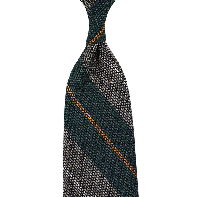 Striped Fina Grenadine Silk / Linen Tie - Forest / Beige