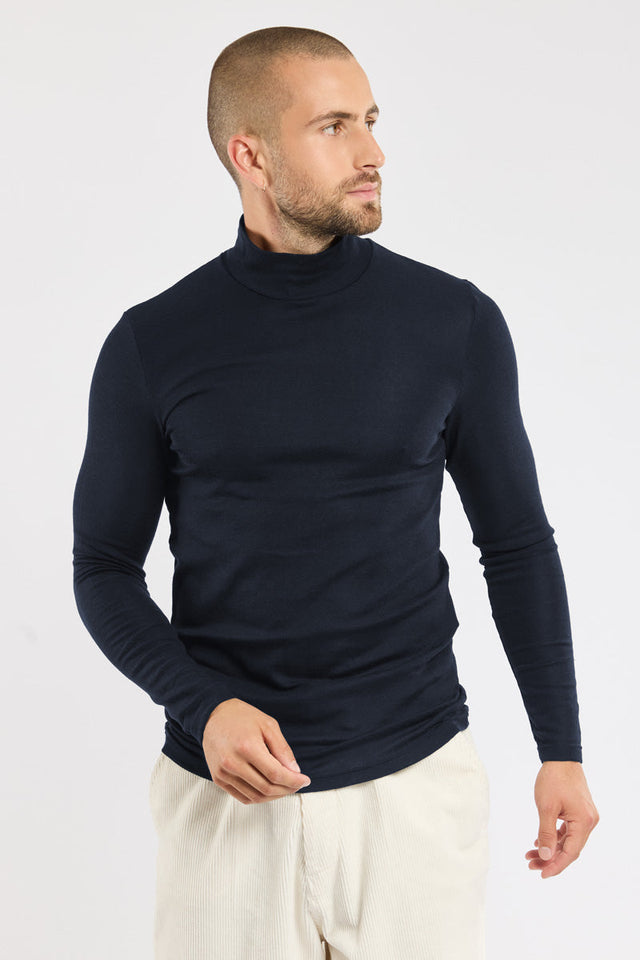 T-shirt manches longues col montant - laine et soie