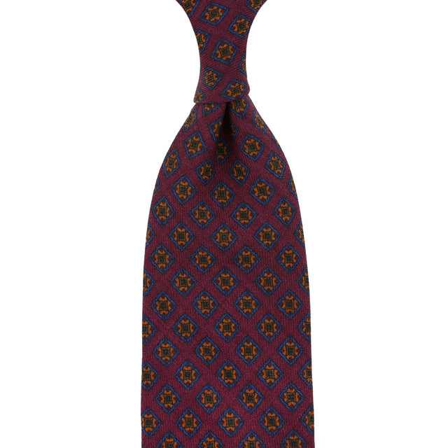 Floral Printed Wool Challis Tie - Wine - Hand-Rolled